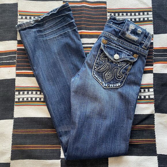 MEK Denim Jeans Womens 26/32 Blue Bootcut Oaxaca Flap Pockets.Stretch. Low Rise. - Picture 1 of 15